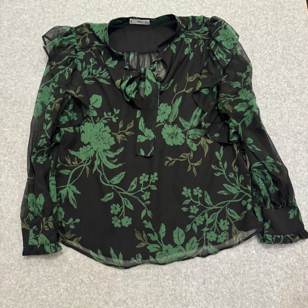 Mango MNG Green Floral Ruffle Tie Neck Chiffon Blouse XL Black Long‎ Sleeve